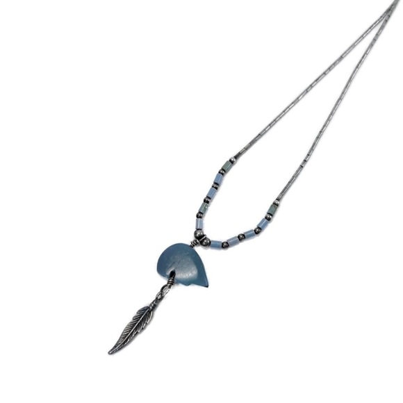 Vintage  Liquid Silver Necklace 16” Turquoise Bear Pendant Feather Sterling 925 - Picture 5 of 7